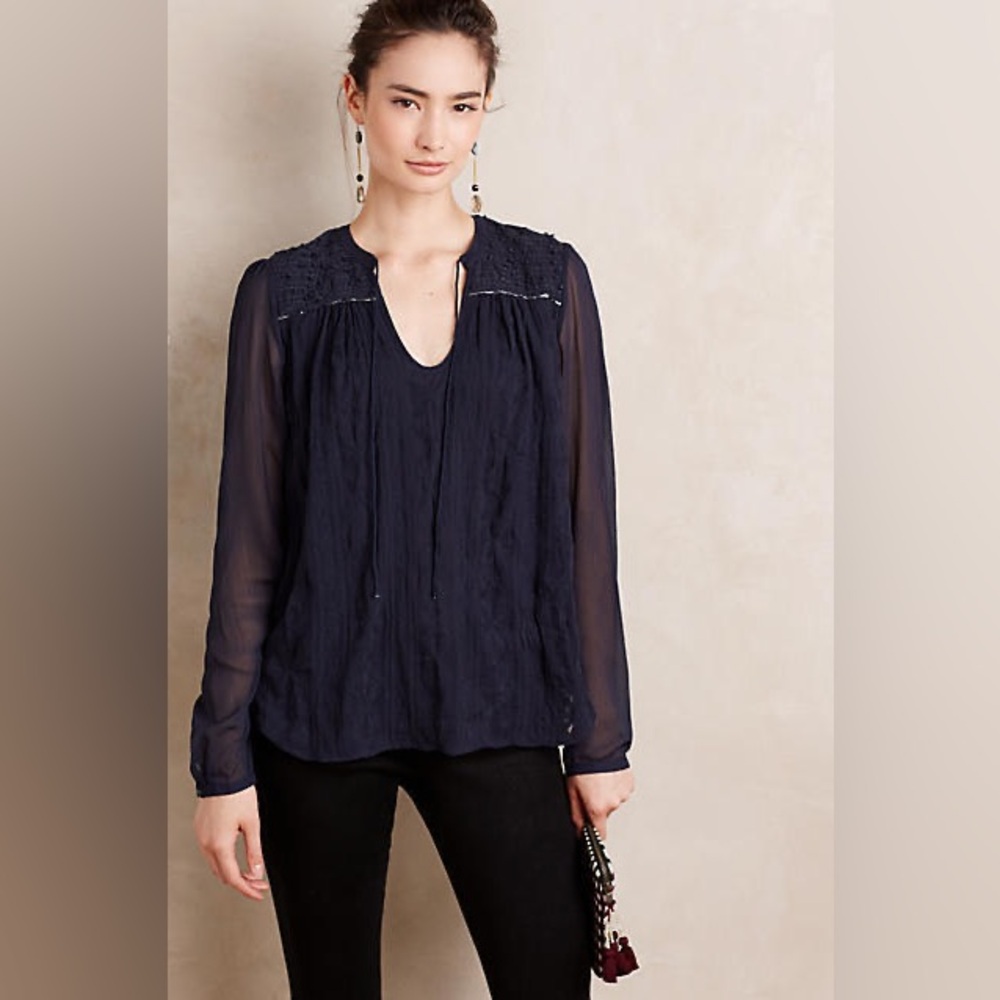 ANTHROPOLOGIE | TINY PAIX NAVY EMBROIDERED BLOUSE SIZE XS Boho Sheer Peasant